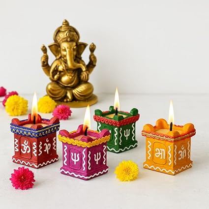 Decorative Gel Wax Tea Light Diya Candles – Traditional Multicolour Design (Set of 4)