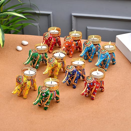 Handcrafted Elephant Tea Light Candle Holders – Multicolour Decorative Set of 6