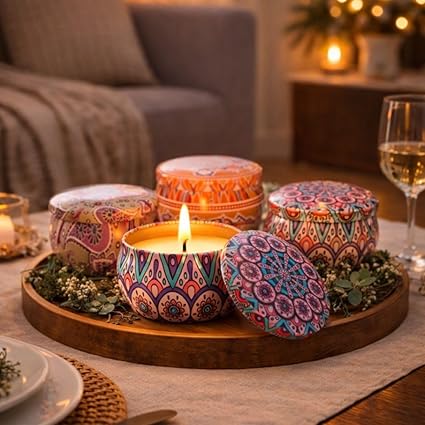 LitAuraa Set of 4 Aroma Scented Soy Wax Candles in Decorative Tin Jars