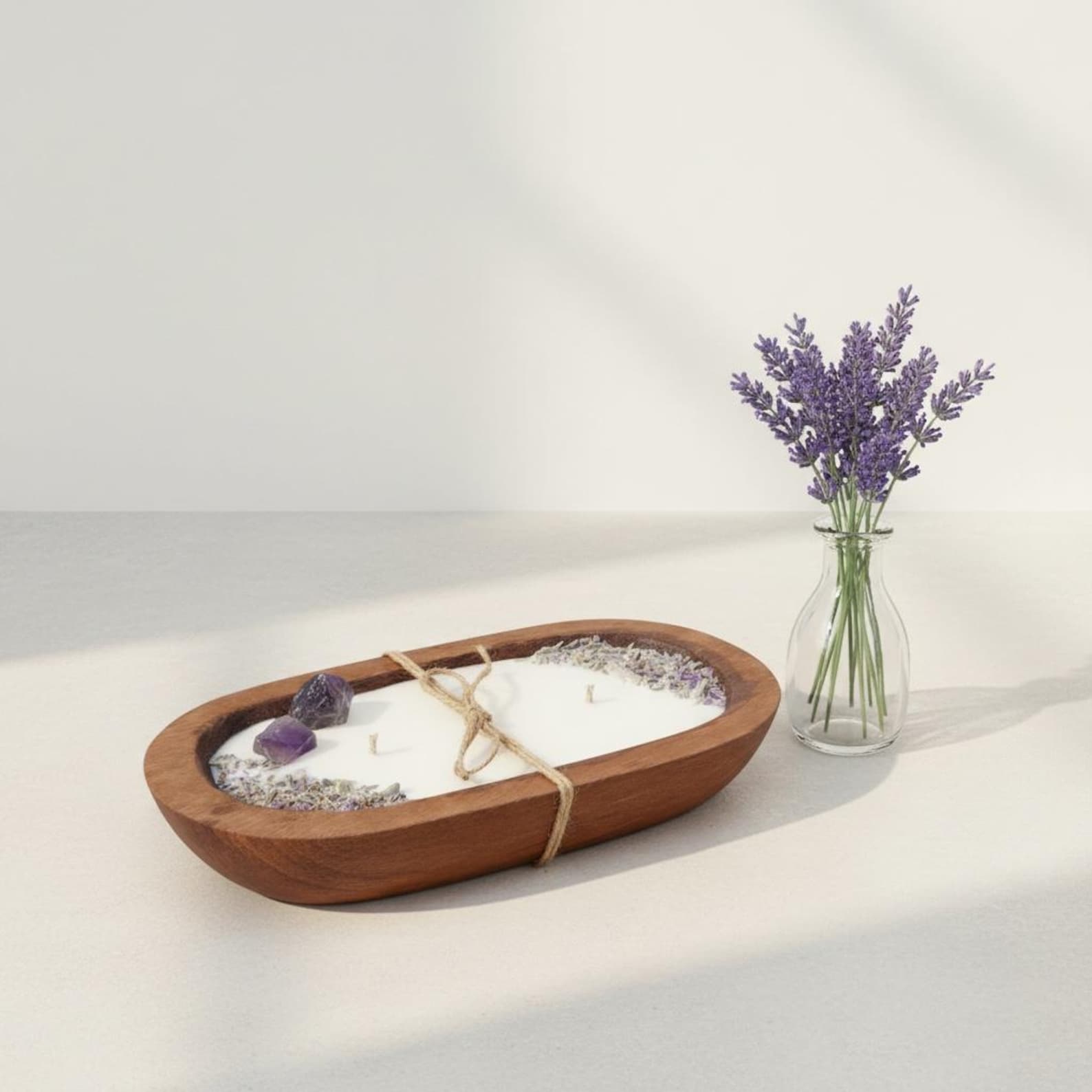 Amethyst &amp;amp; Lavender Serenity — 3-Wick Crystal Soy Candle in Wooden Dough Bowl